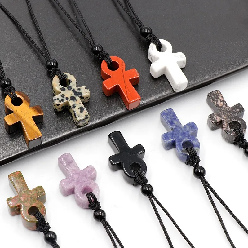 Bulk Wholesale Hand Woven Natural Healing Stone Pendant Green Aventurine Crystal Ankh Cross Pendant