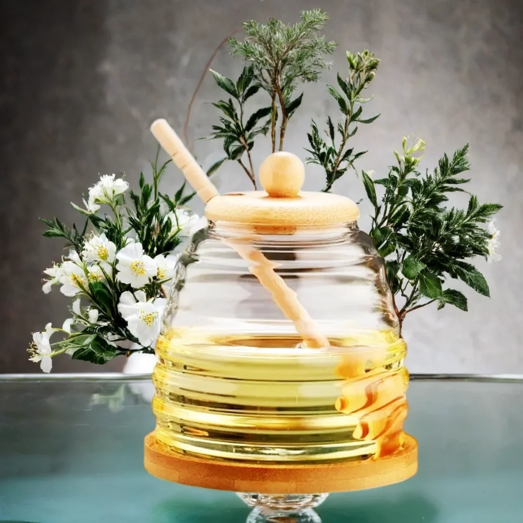 Home Glass Jar Clear Lead Free High Borosilicate Heat Resistant Handmade Glass Honey Canister With Wooden Lids And Stick Dipper