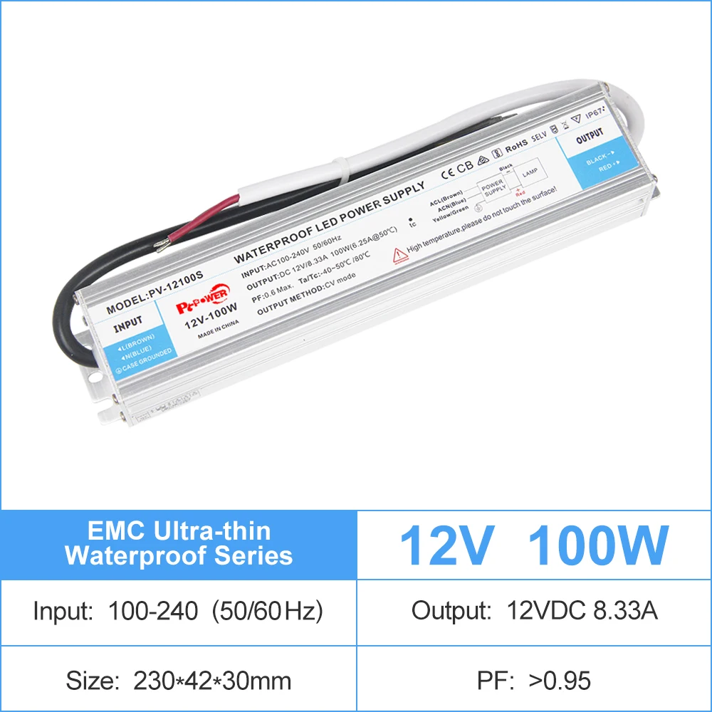 LED Power Supply with IP67 Waterproof Rating Low Voltage Transformers AC to 12V DC 100W Converter Constant Voltage LED Power