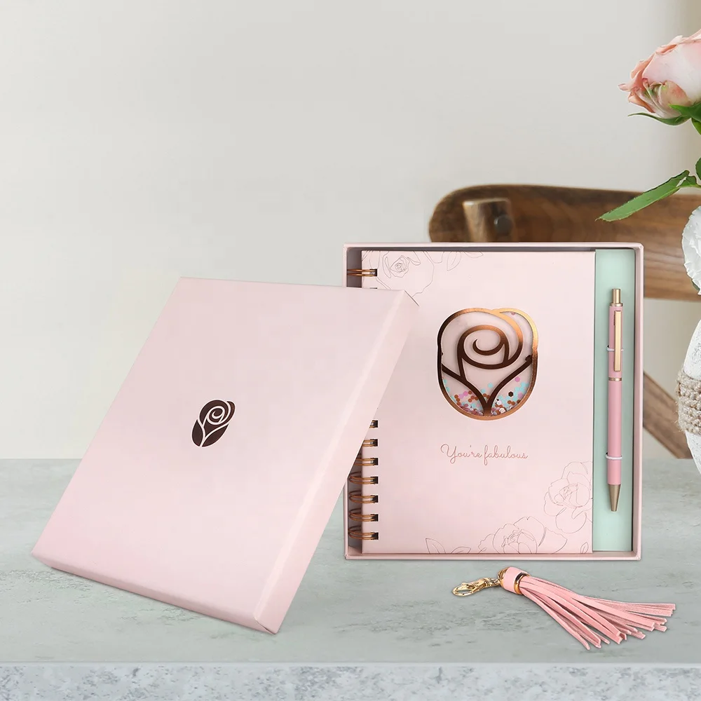 Индивидуальная печатная бумага, персонализированные Необычные розовые золотые цветы, роскошные женские спиральные блокноты формата A5 в твердой обложке с ручкой, подарочный набор