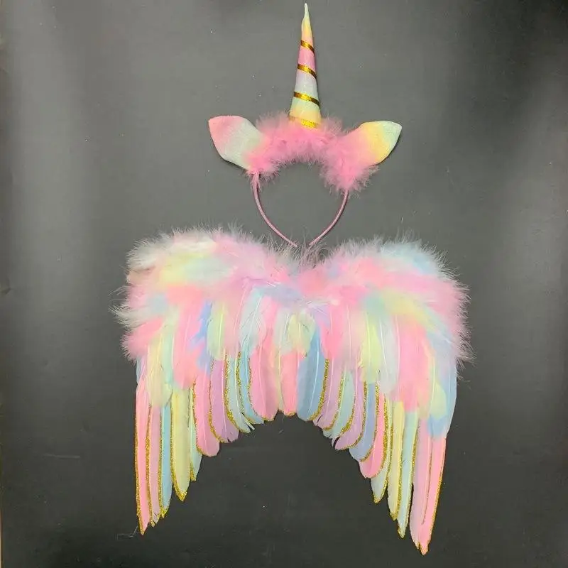 Unicorn Fancy Dress Pink Angel Feather Wing with Unicorn Headband Princess Wings for Kids Girls Halloween Christmas Party