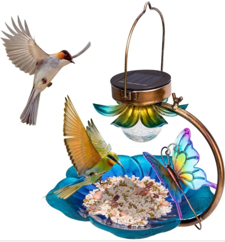 Solar Humming Bird Feeder Flower Hanging Garden Decoration Glass Hummingbird Feeder