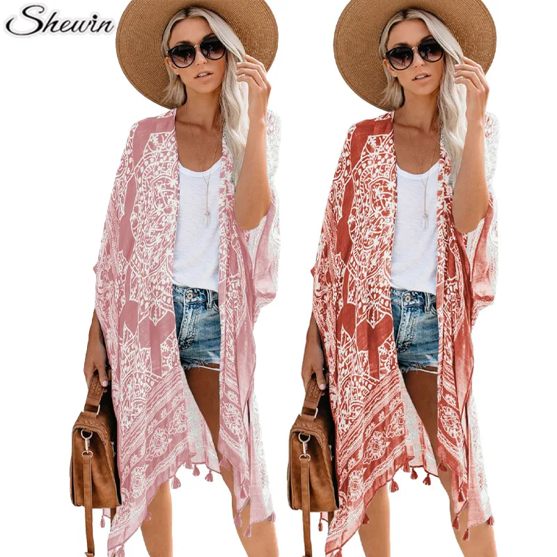 Wholesale Summer Fashion Floral Print Open Front Beach Women Cardigan Kimonos Ladies