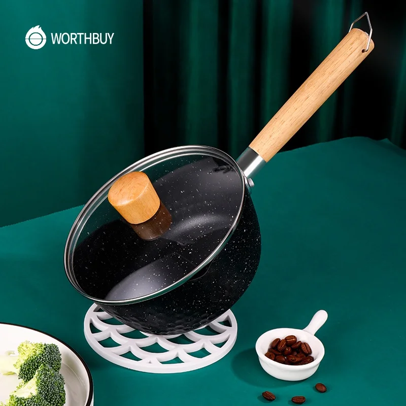 WORTHBUY Multifunctional Japanese Saucepan Non-Stick Milk Soup Pot For Kitchen Cooking Pot Pan With Wooden Handle Cookware