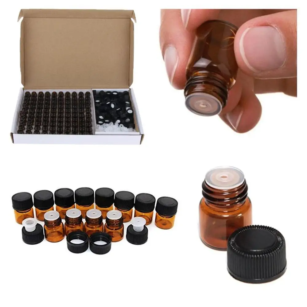 
100Pcs 1ml 2ml 3ml Amber Glass Vials, Mini Essential Oil Bottles with Orifice Reducer & Black Plastic Cap 
