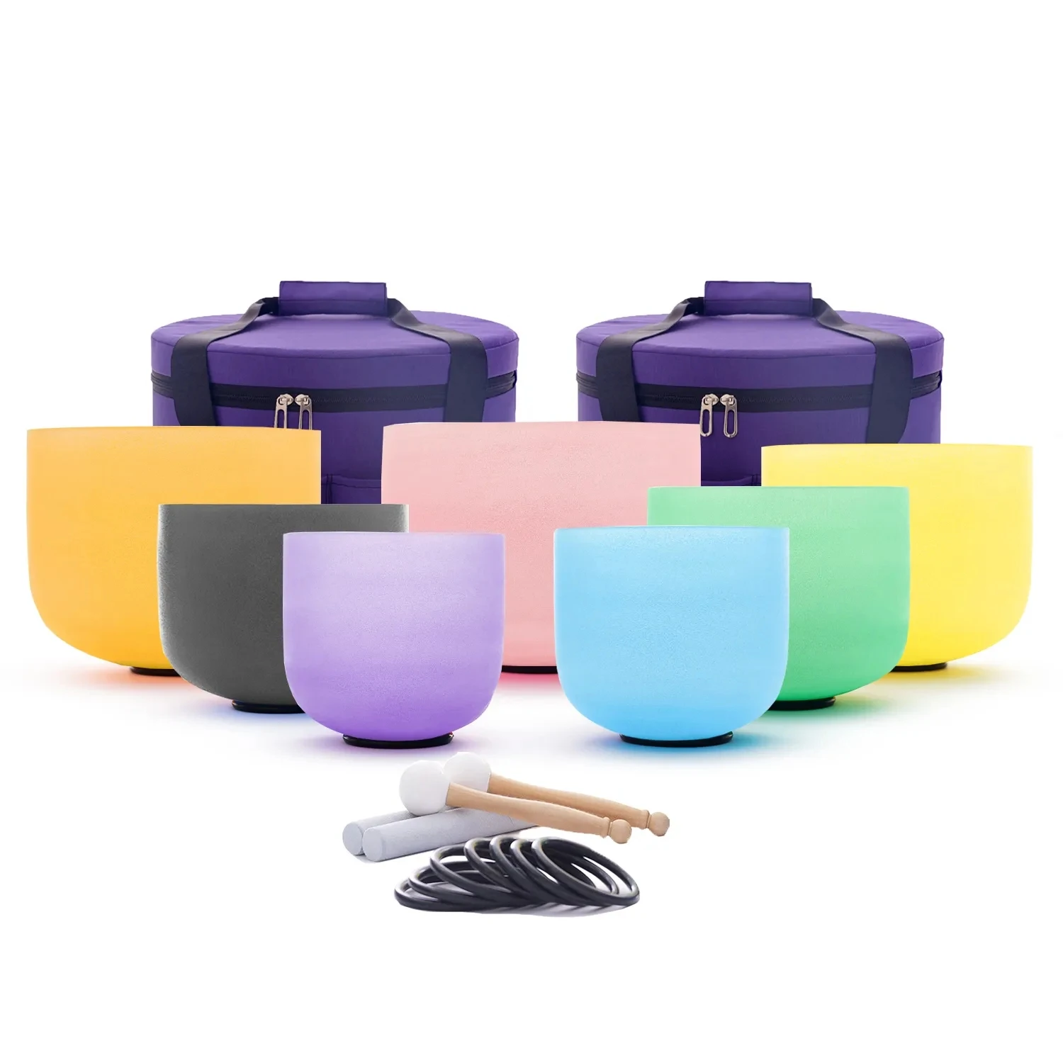 7-12 inch set of 7 pcs Light Colored Quartz Crystal Singing Bowl with Carry Cases for Sound Healing and Meditation