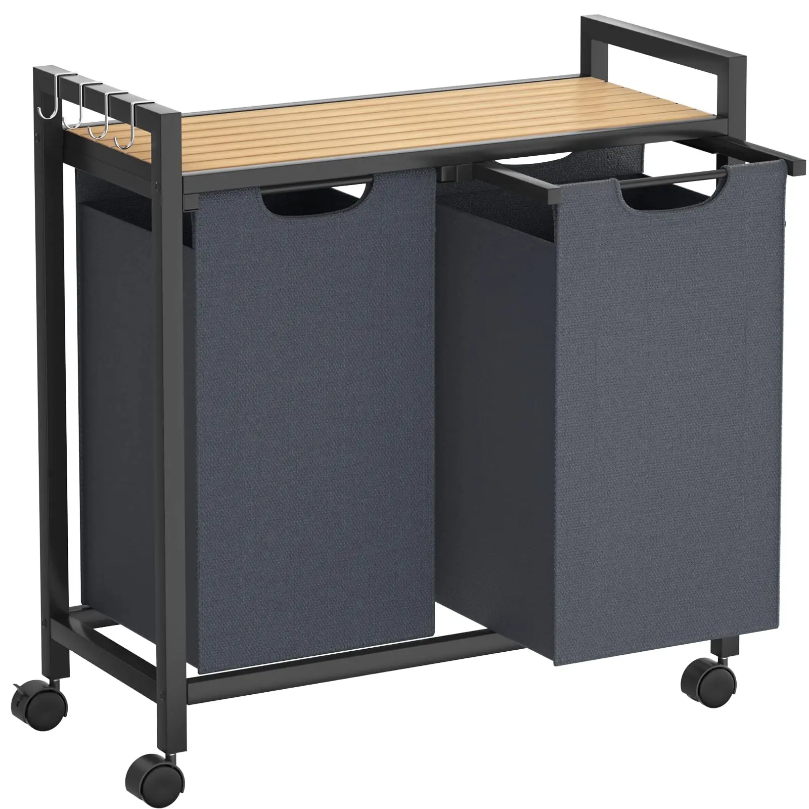 Pull-Out Laundry Basket Shelf with Wheels Thickened Steel Frame Bamboo Laundry Basket with Shelf