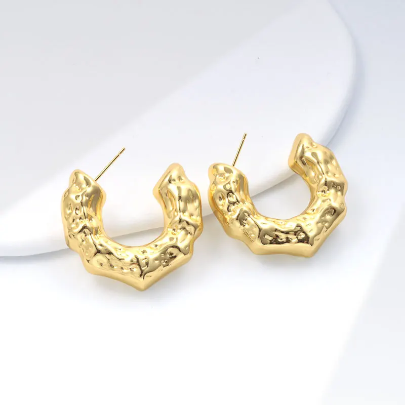 Minimalist Jewelry 18k Gold Plated Geometric Hoogie Earring Fashion Jewelry Hollow Irregular C Shaped Chunky Hoop Earrings