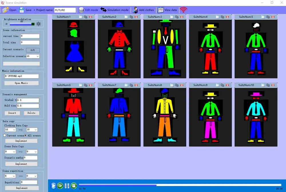 Programmable control software for LED clothing fiber optic costume & props, tron dance software
