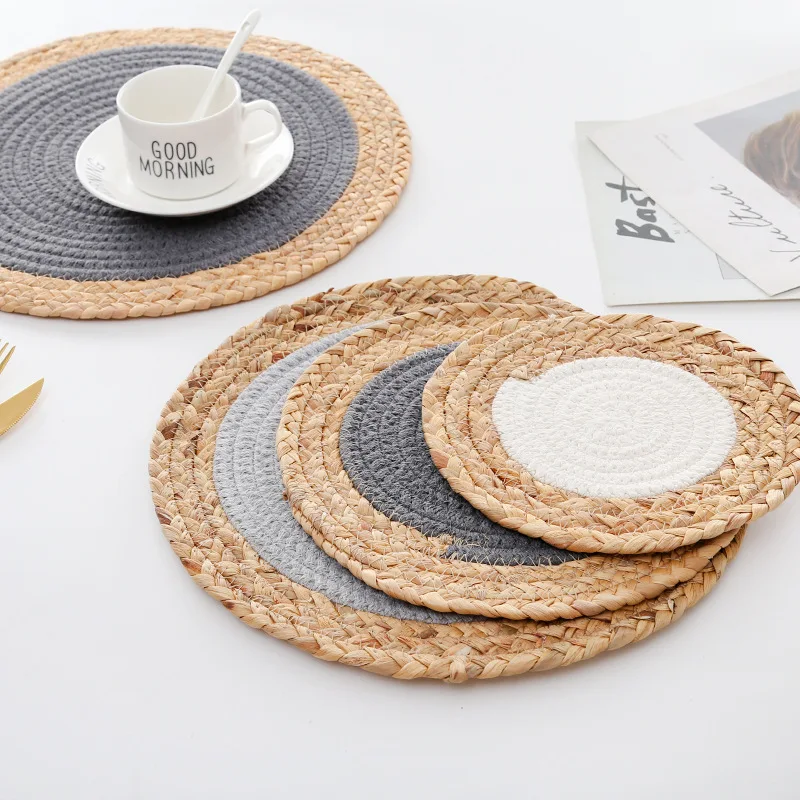 Straw round placemats Nordic minimalist style Handmade woven cotton woven mat water hyacinth cotton placemats