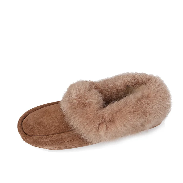 Wholesale suede upper rabbit fur soft leather sole winter women moccasin slippers loafer shoes