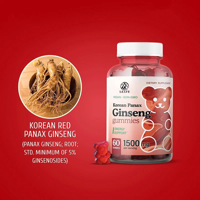Halal Vegan Red Ginseng Gummies Energy & Brain Supplement Gummy Suger Free Stress Relief Ginseng Gummies Mental Focus Mood Boost