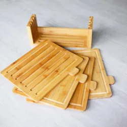 Kitchen holder Bread Meat Chicken and Fish Bamboo Index Cutting Board Set 4 Piece All Natural Wood Chopping Board with Stand