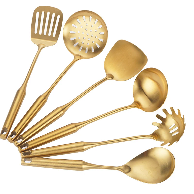 Hollow Handle Spoon Spatul Soup Ladle Skimmer Stainless Steel Metal Cooking Tool Set Stainless Steel Gold Kitchen Utensils Set
