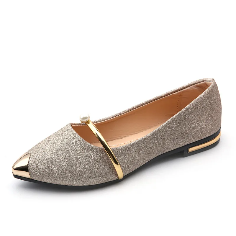 Flat Sole Single Shoes For Women New Sequined Pearl Soft Sole Metal Toe Pointed Matte Fashion Four Season Shoes For Women