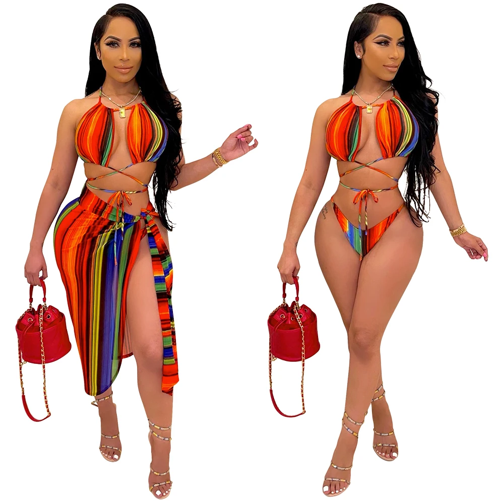 
2021 New Digital Print Bandage Bikini Beach Stripe Sexy Tie Lingerie Breathable Yarn Net Halter Swimsuit Three-piece Set 