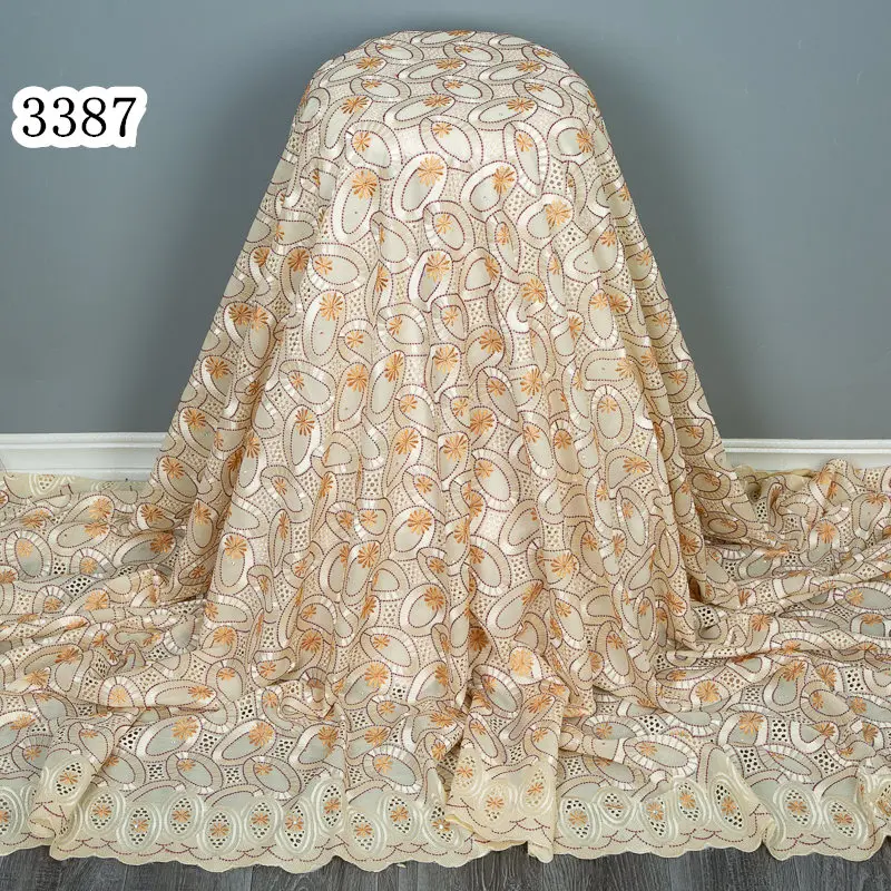 3387 Nigerian Swiss Cotton Lace Fabric Newly Factory Price African Embroidery Cotton Lace Stones for Women Wedding Party Dress