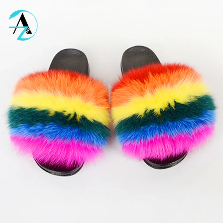 
2021 Fashion 1 Pair Customized Outdoor Fluffy Furry Fur Sandals Fashionable 100% Real Raccoon Fox Fur Slippers For Women 
