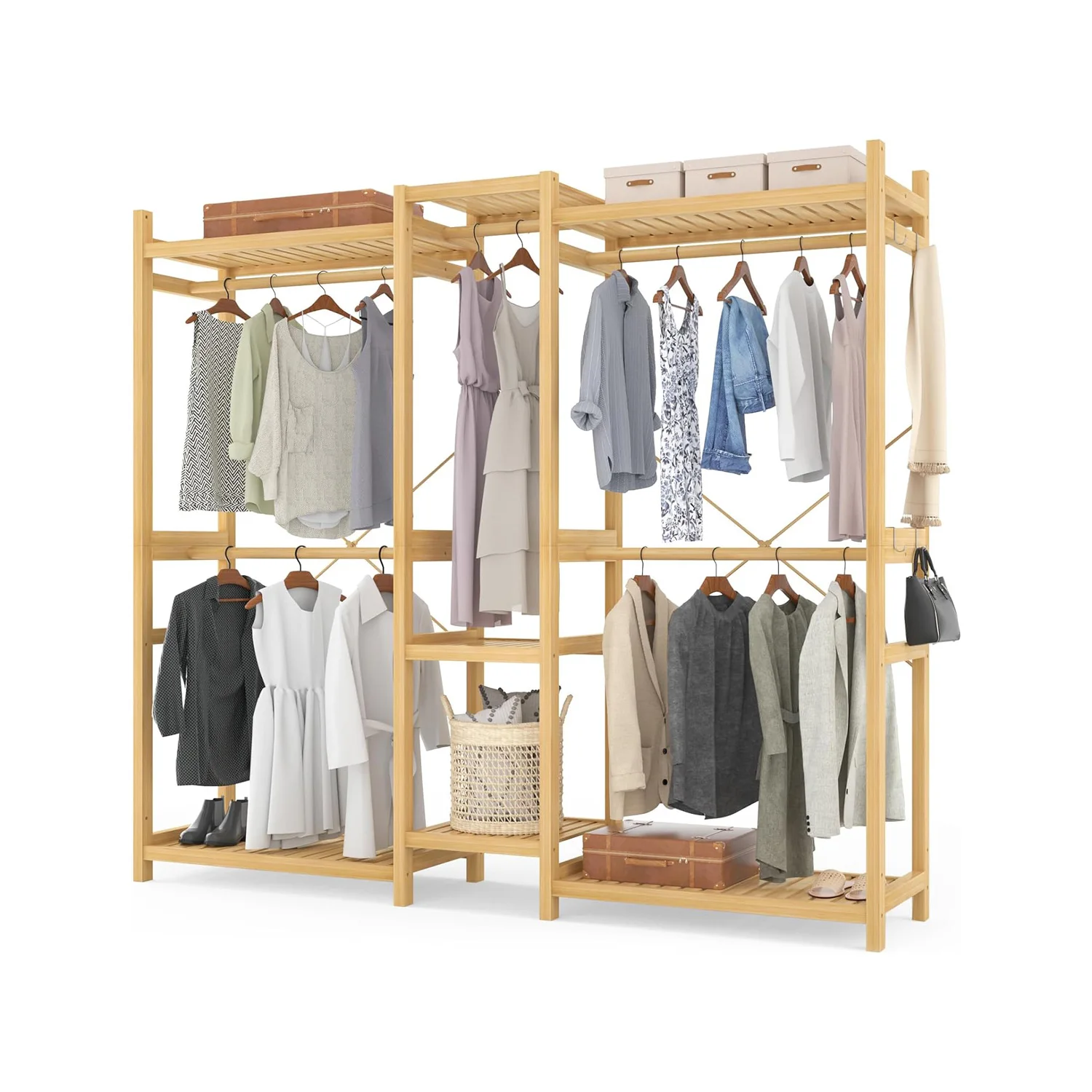 Bamboo Closet System Clothes Rack with 7 Storage Shelves and 5 Rods Large Freestanding Garment Rack Wooden Clothing Rack