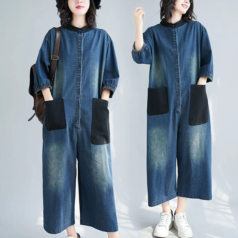 Wholesale Retro Contrast Color Pocket Denim Jumpsuit 2023 Spring and Summer New Large Fashion Personalized Jumpsuit