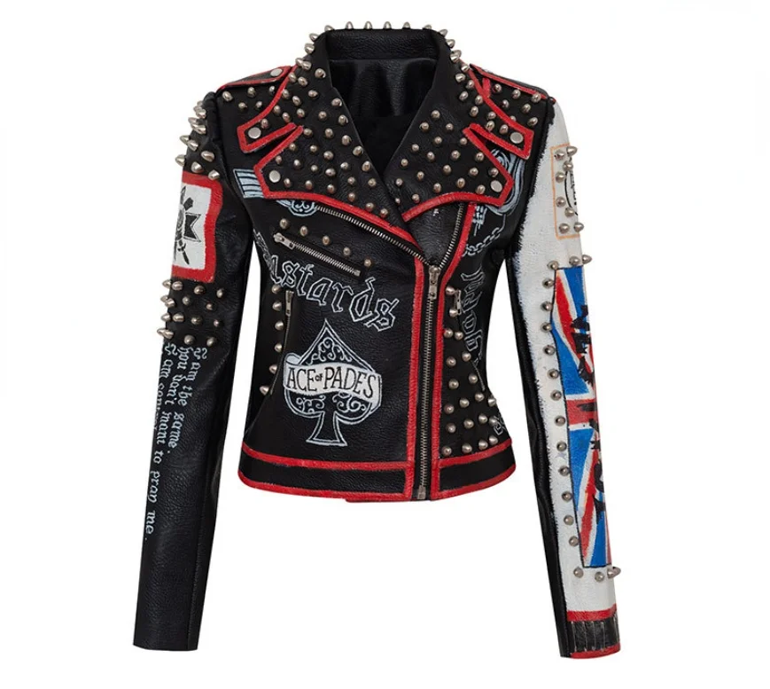 America Top Seller Women Spring Patchwork Print Studded Punk Leather Crop Custom Jackets