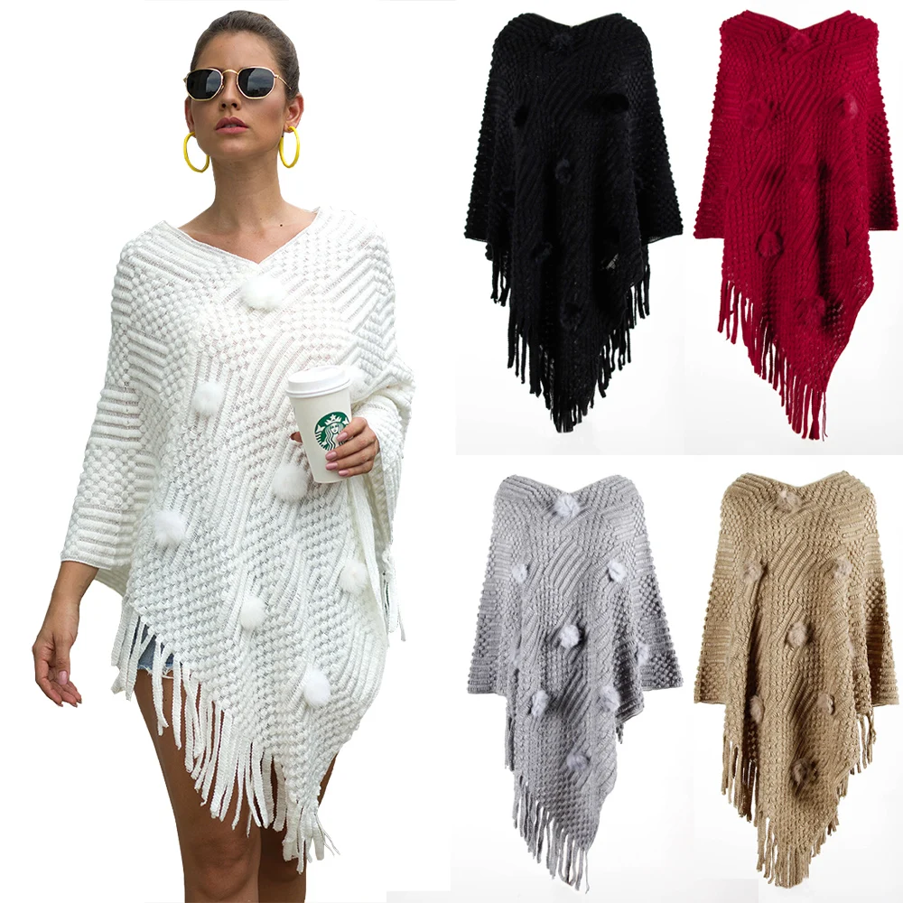 
Off The Shoulder Sweaters Streetwear Tassel Fringe Cape Shaw hair ball solid color sweater 