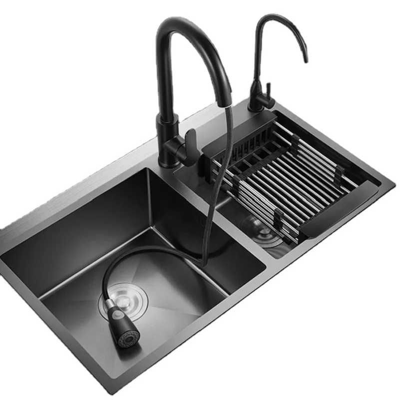 Professional Factory Square Washing Black Handmade Double Bowl Sink Tap Kitchen,  Kitchen Sink Stainless