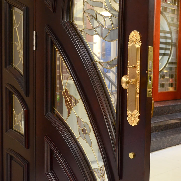 House villa modern solid core wooden front entry doors custom veneer solid wood main entrance door with fixed glass fanlight