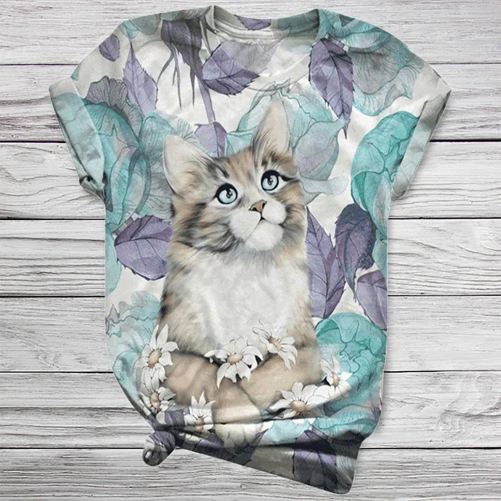 Girl Cat T-shirt Lady Summer Cotton Casual T Shirt Women Streetwear Top Tees Female Poleras Mujer