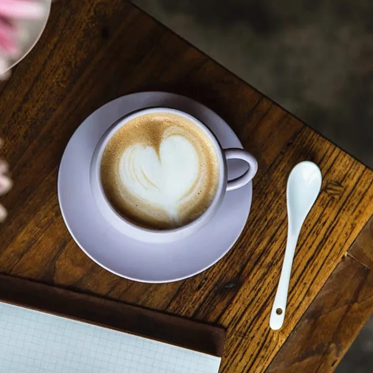 Custom creative design matte macaron color coffee cup and saucer ceramic cappuccino latte espresso cup set