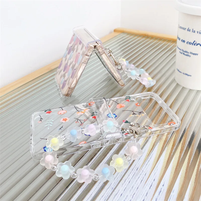 Love Flower  for Samsung Galaxy ZFlip3/4 Folding Screen Phone Case Transparent Creative P C Hard Case Chain