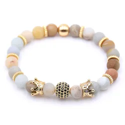 European DIY Custom Handmade Jewelry Elastic Natural Red Tiger Eye Stone Black Zircon Ball CZ Crown Beaded Bracelet