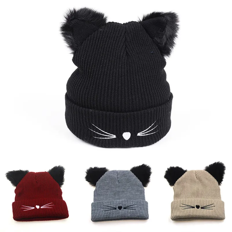 Women Cute Cat Beanie with Ears Knitted Hats Personalised Cheap Winter Hats