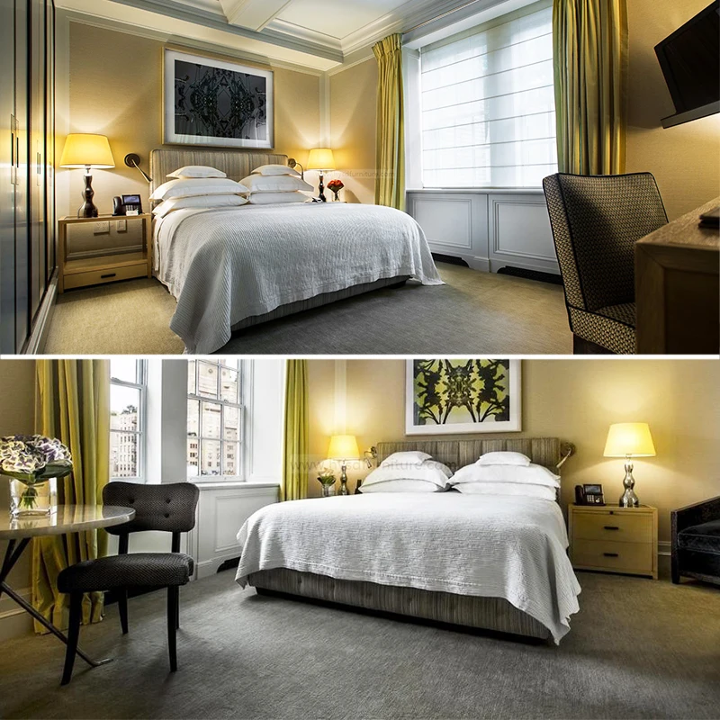 Manufacturer Custom Bunk Headboards Dry Five Star Hotel Wooden Queen Bed with Side Table Drawers for Hotel