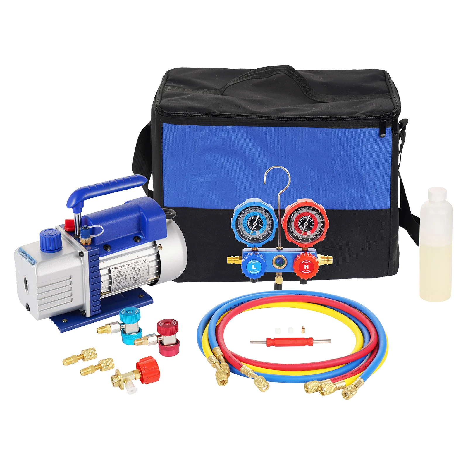 P PBAUTOS 4CFM 1/3HP Single Stage Vacuum Pump and 3-Way Manifold Gauge Set