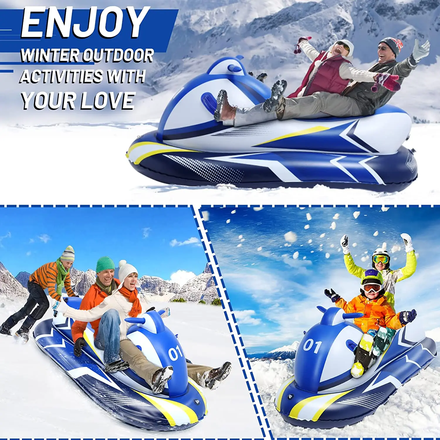 Inflatable Snowmobile Sleds for Kids Kids and Adult with Reinforced Handle Snow Tube Snow Toys for Kids Outdoor
