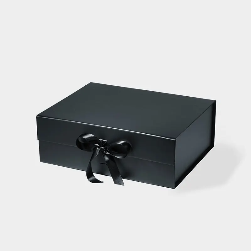 Wholesale ribbon tie style common packaging black magnetic close gift box for dress