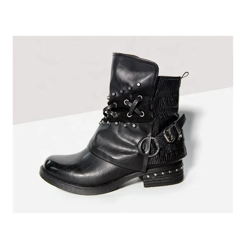 Hot Selling Autumn Winter Black Round Toe Retro Pumps Shoes European Style Rivet Low Heel Slip On Casual Women Ankle Boots