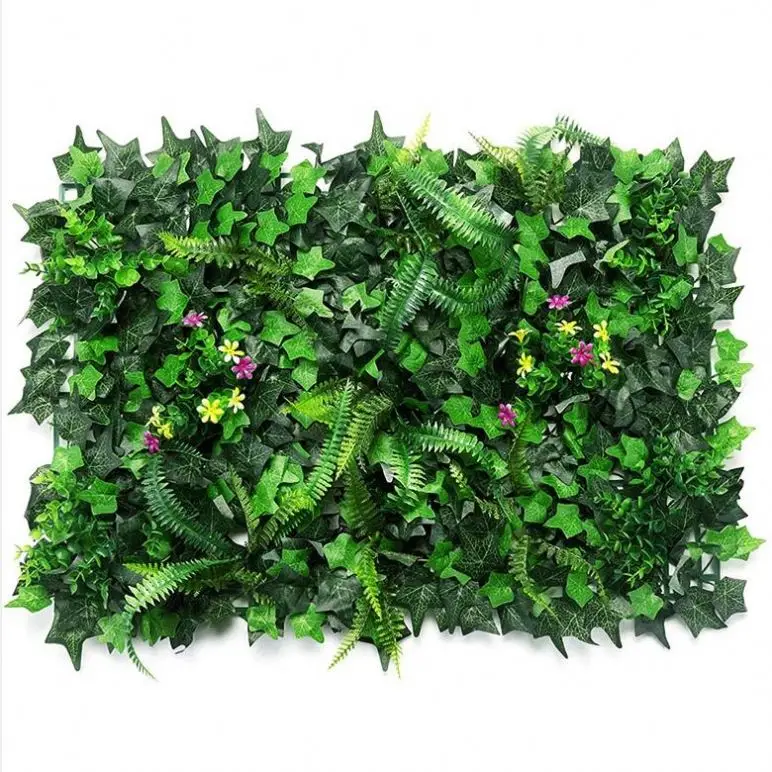 Pampas Faux Artificial Green Grass Wall Backdrop Panels With Green And White Flowers