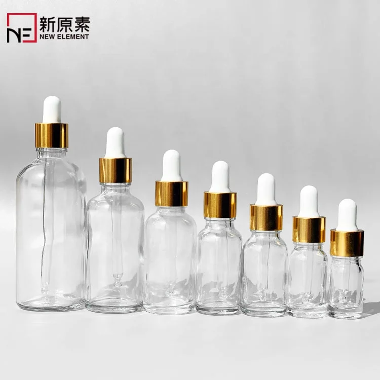 clear empty boston 5ml 10ml 15ml 20ml 30ml 50ml 100ml glass bottle with gold white dropper for hair oil