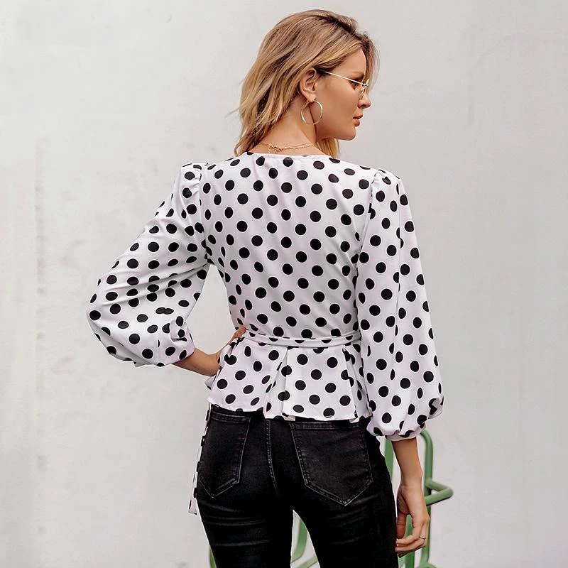 Ladies Highstreet Lantern Sleeve Blusa Vintage V Neck Polka Dot White Shirt Women Fashion Wrap Blouse