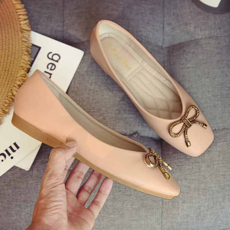 Latest High Quality Foldable Square toe Pu Shoes Women Flat Sandals Leather Fashion Bow Footwear For Girl and Ladies