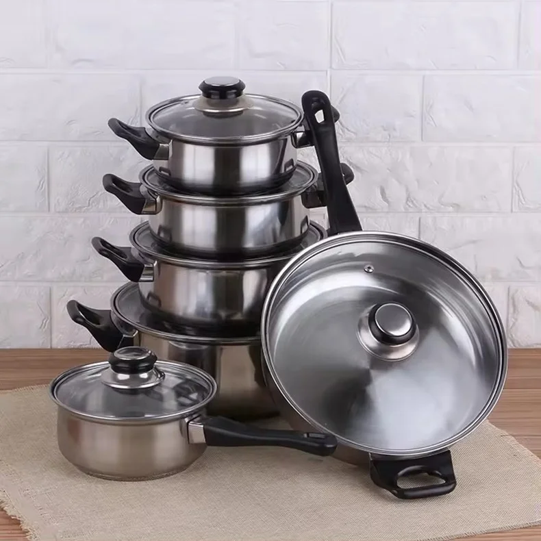 12 pcs set of Southeast Asian Indonesian stainless steel 410 multi layers bottom saucepan stock pot casserole frypan for kitchen