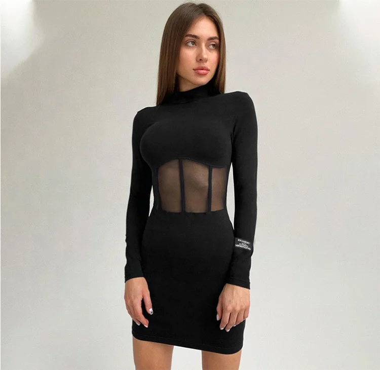Hot Sale Black Turtleneck Long Sleeve Tight Party Wear Dress Mesh Patchwork Mini Sexy Dresses With Bodycon Buttocks For Women