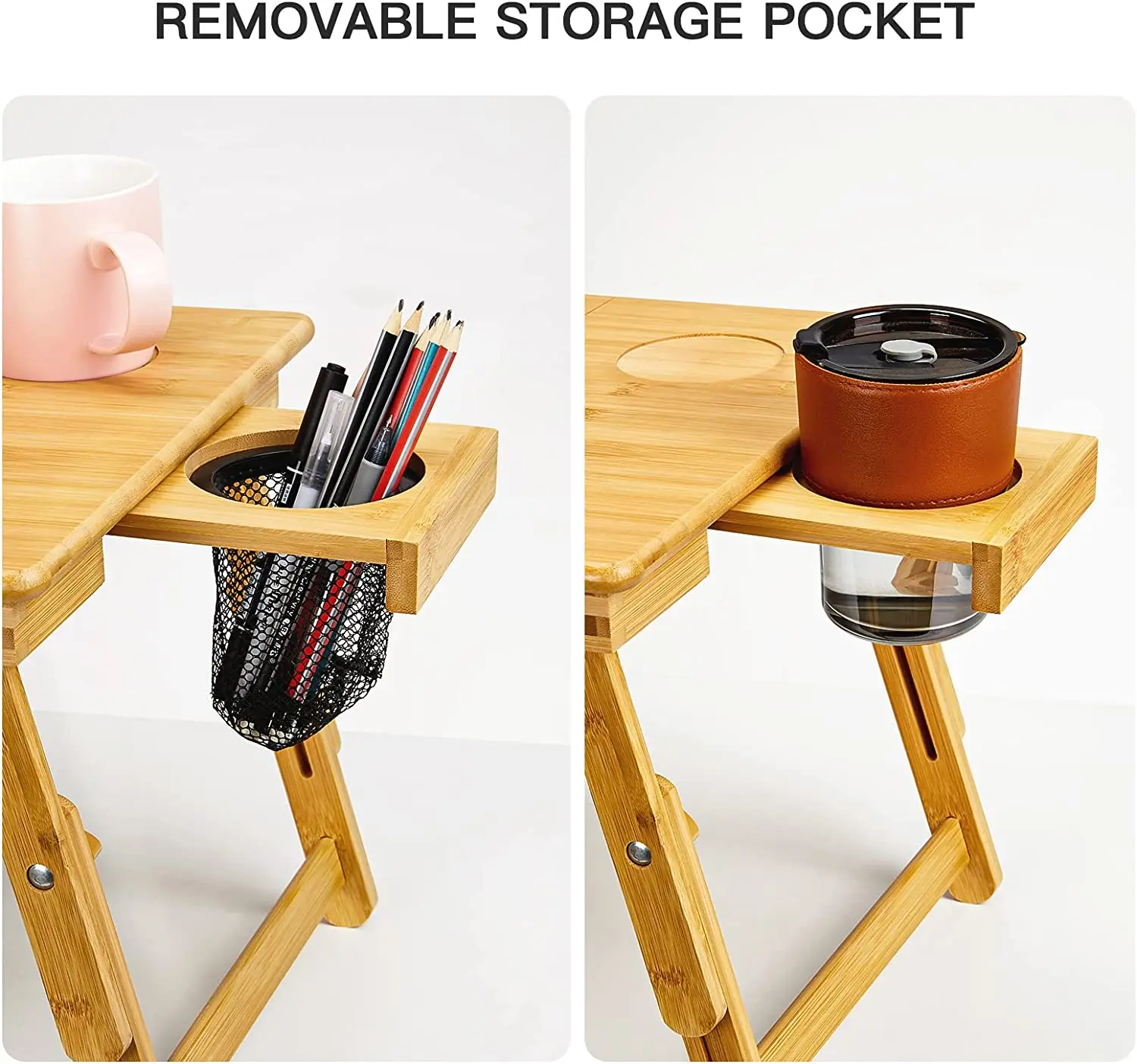 Multi-Functional Bamboo Bed Tray Adjustable  Bamboo Lap Desk with Folding Legs and Storage Net