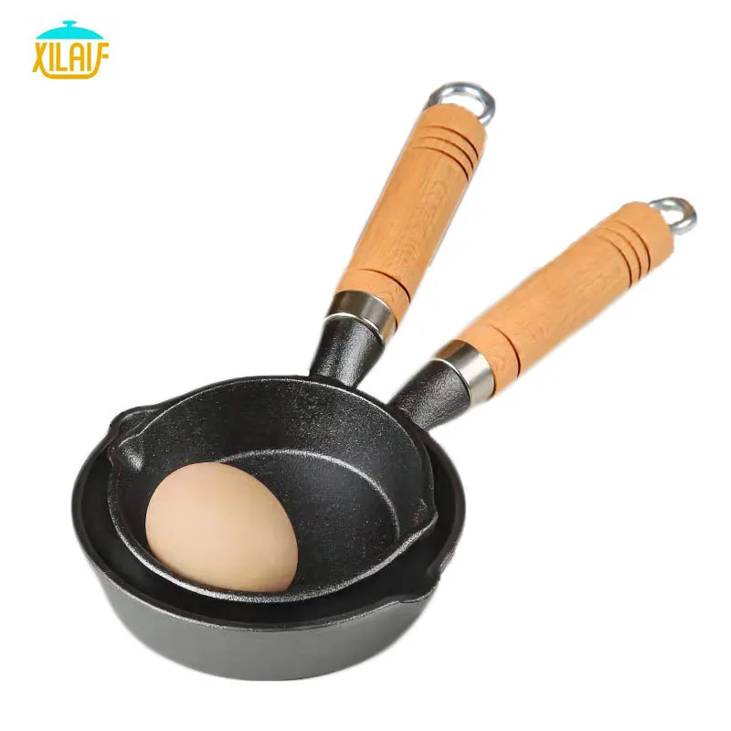 Household mini cast iron non stick non coated chinese fry pan Skillet with wooden handle