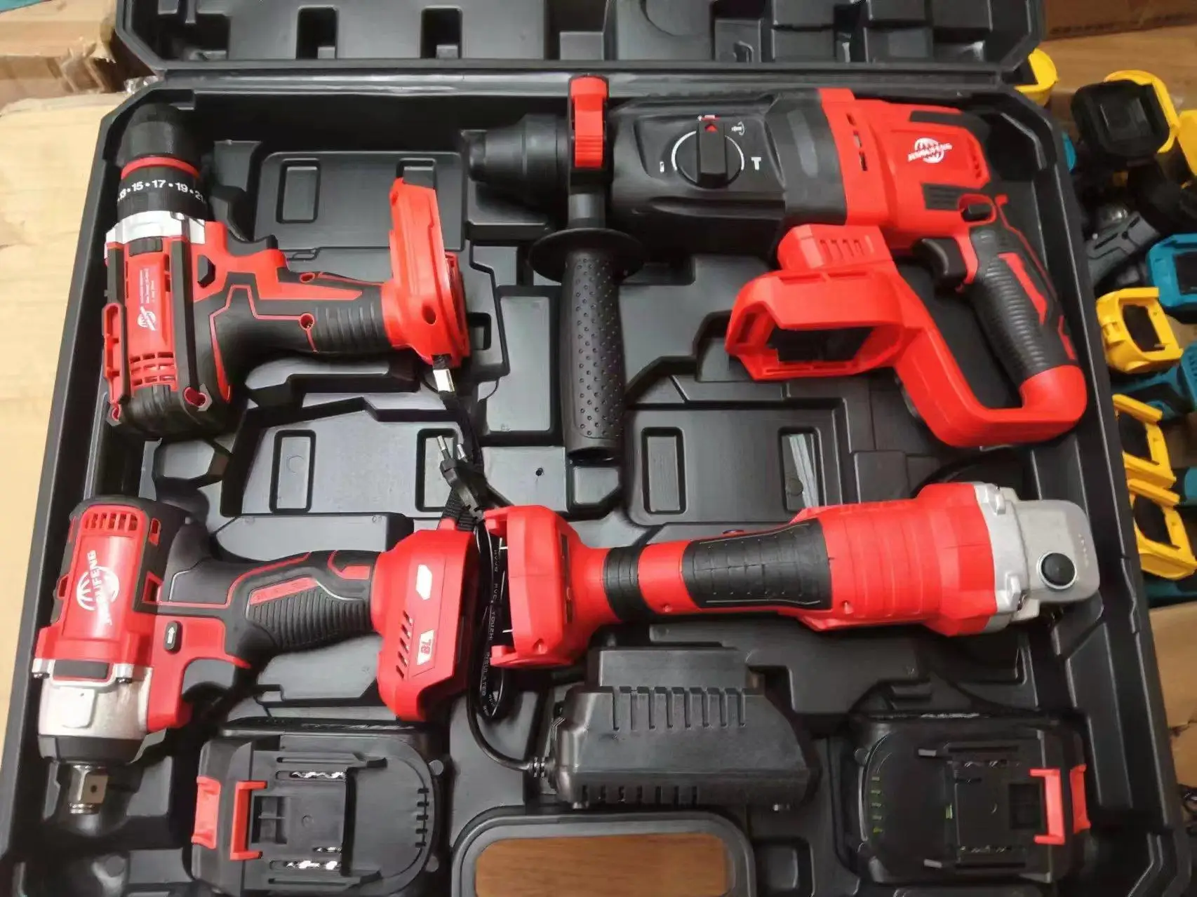 4pcs Lithium Battery Brushless Power Drill Electric Hammer Drill Impact Wrench Angle Grinder Cordless Power Tool Combo Set