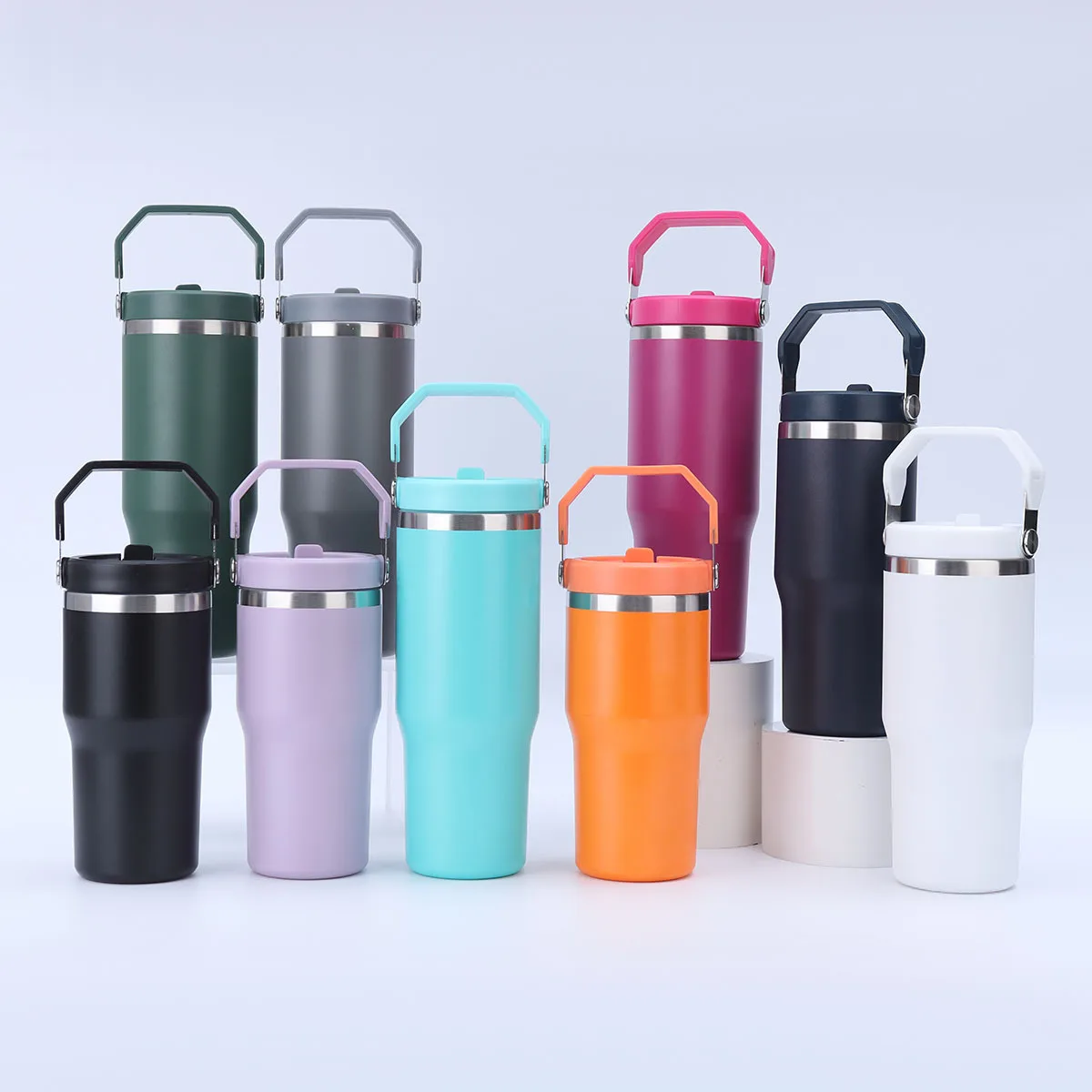 Custom logo 20oz 25oz 30oz solid color stock tumbler with handle top lid double wall stainless steel travel camping tumbler mug