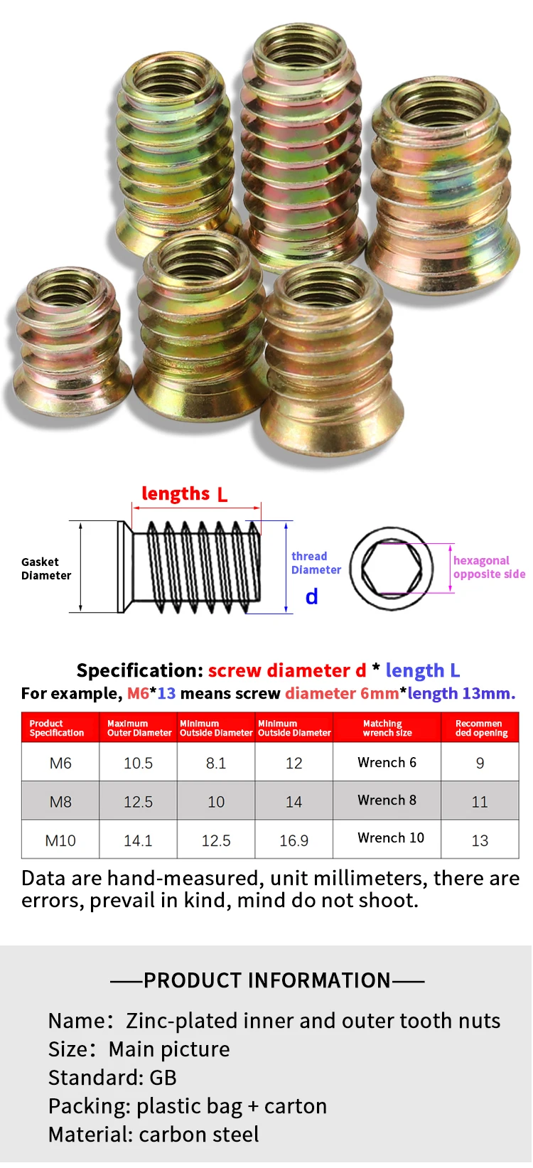 M6 M8 M10 Carbon Steel Hexagon Hex Socket Drive Head Threaded Embedded Insert Nut For Wood Bed Cabinet Table Furniture
