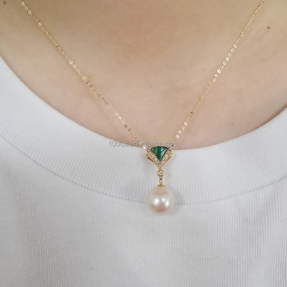 Fresh Pearl Pendant Real Gold Necklace 18K Solid Rose Gold Jewelry Natural Diamond Malachite Necklace